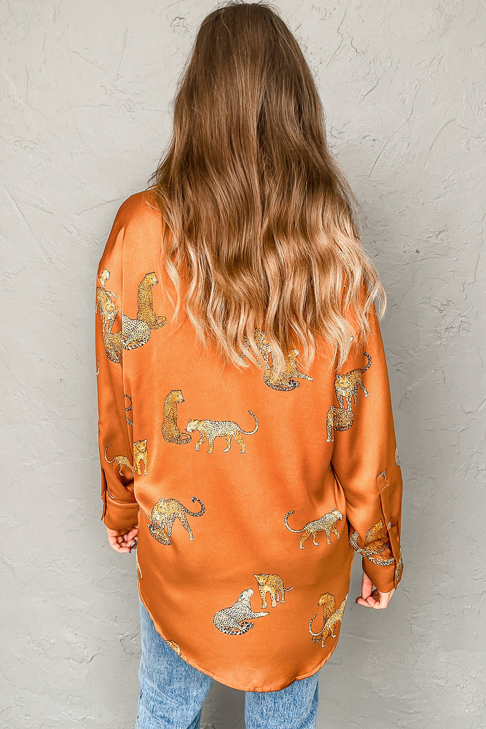 Russet Orange Animal Print Button Up Satin Tunic Shirt