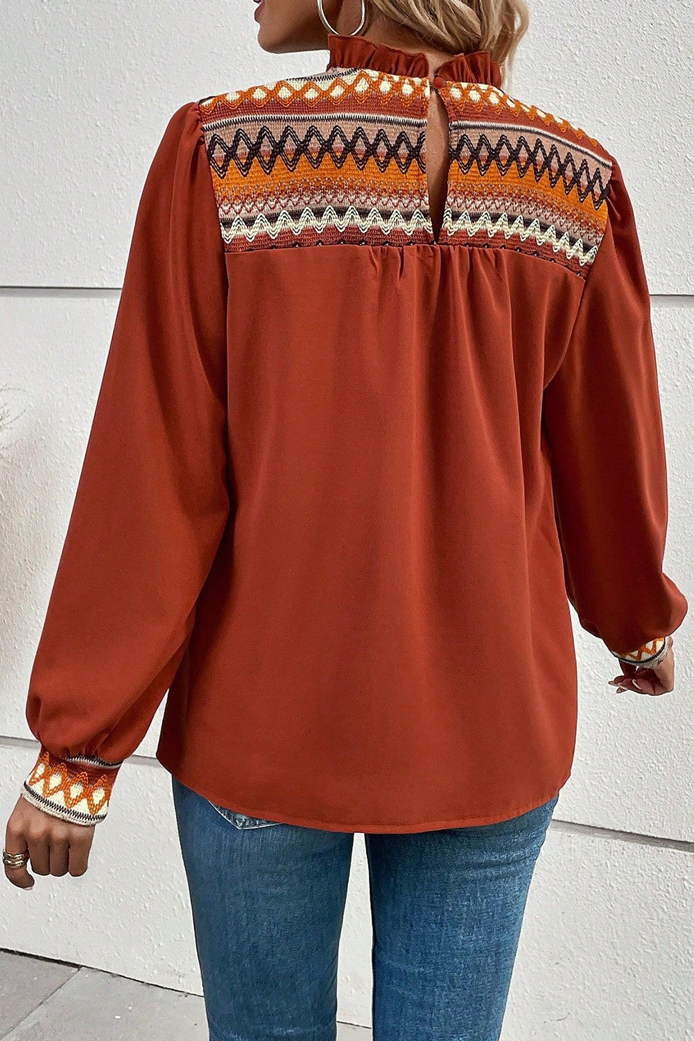 Clay Red Geometric Frilled Neck Puff Sleeve Blouse