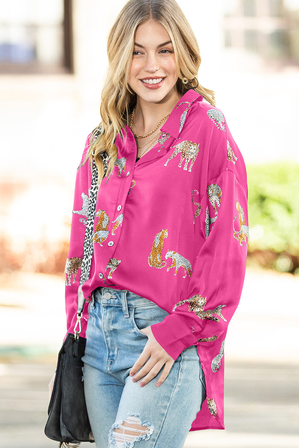 Russet Orange Animal Print Button Up Satin Tunic Shirt