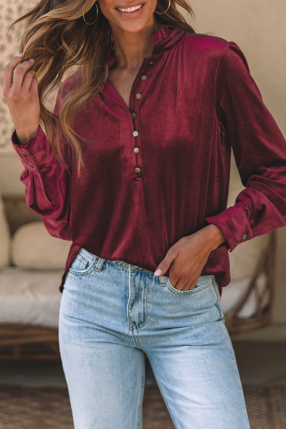 Biking Red Frilled Neck Buttoned Front Velvet Top