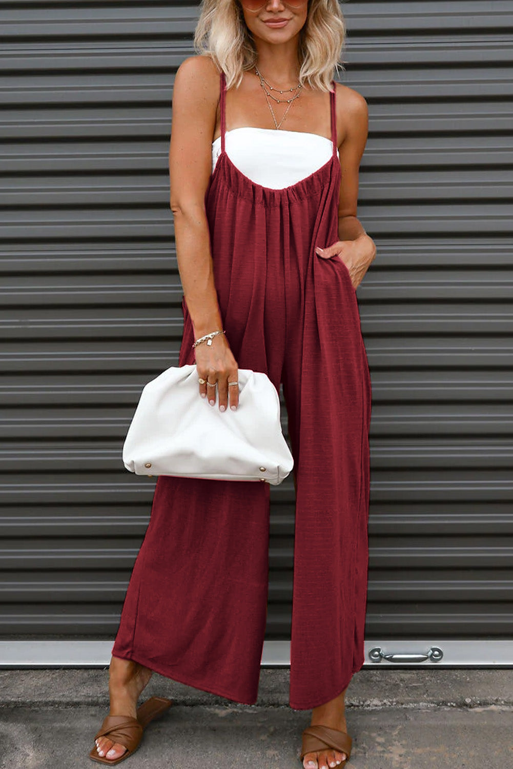Gray Casual Spaghetti Strap Backless Wide Leg Jumpsuit