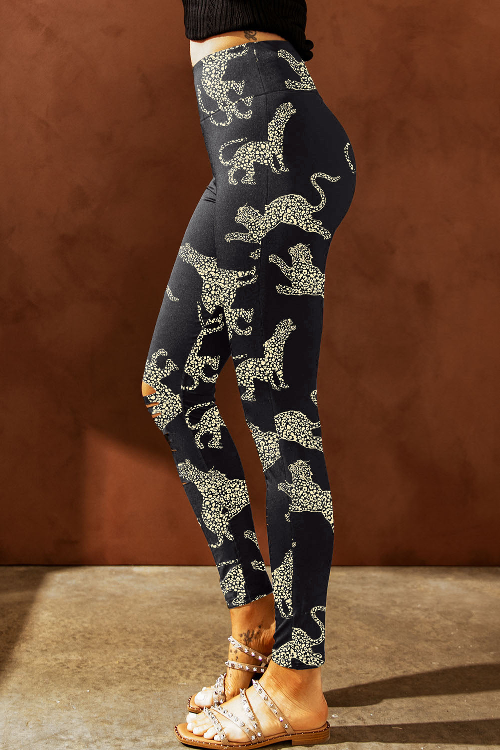 Black Printed High Rise Cheetah Print Ripped Leggings