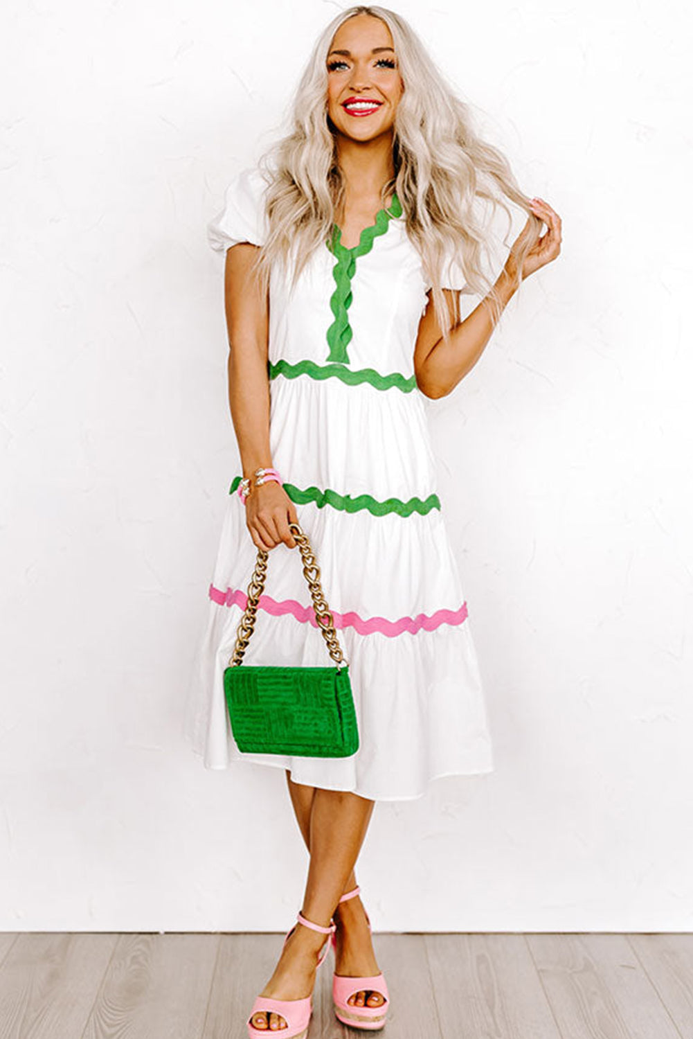 Bonbon Ricrac Trim Puff Sleeve Flowy Midi Dress