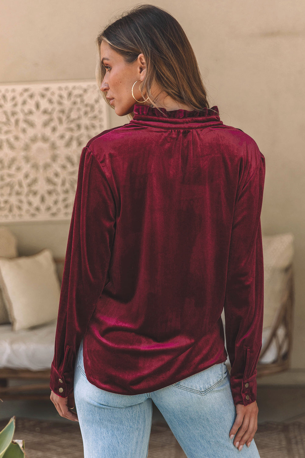 Biking Red Frilled Neck Buttoned Front Velvet Top