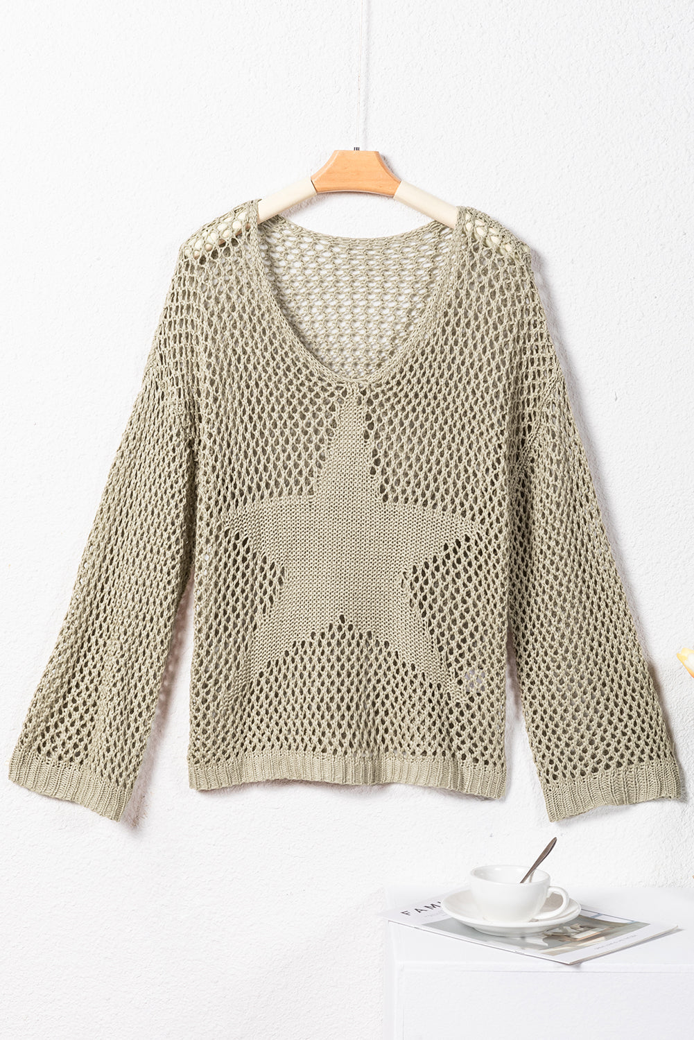 Light French Beige Star Pointelle Knit Baggy Sweater