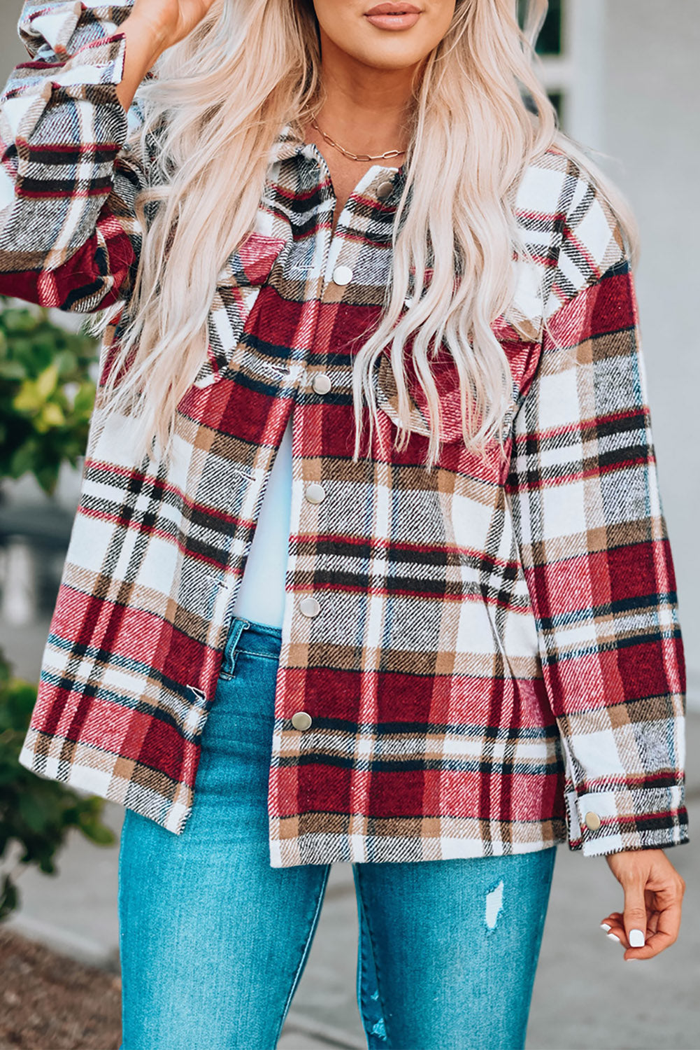 Red Geometric Plaid Print Pocketed Shacket