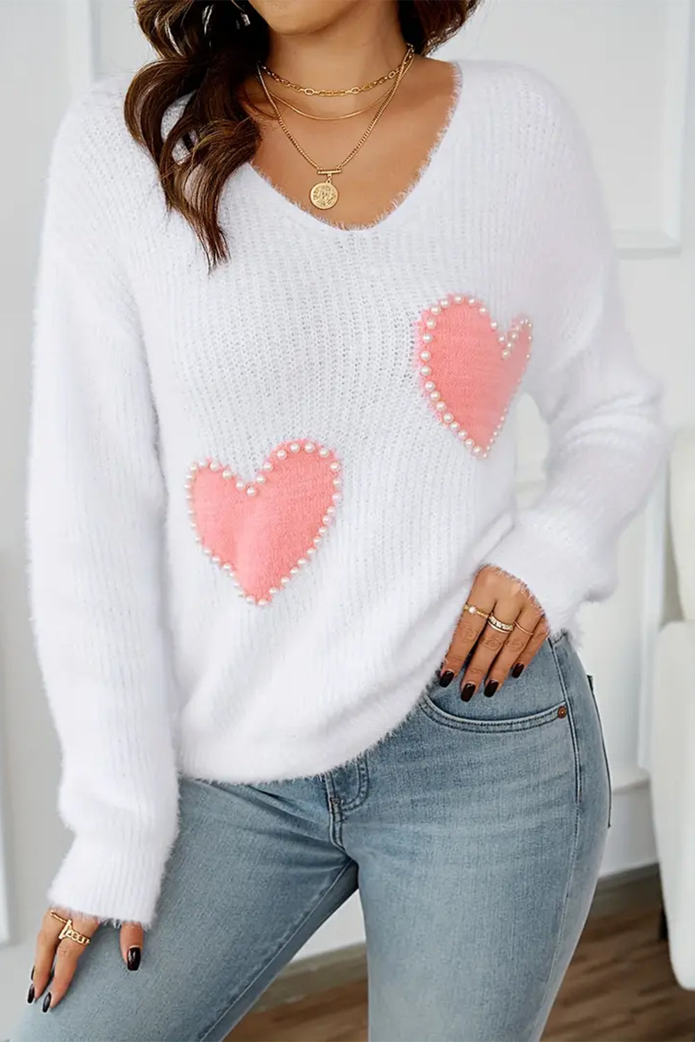 White Pearl Heart Pattern V Neck Knit Sweater