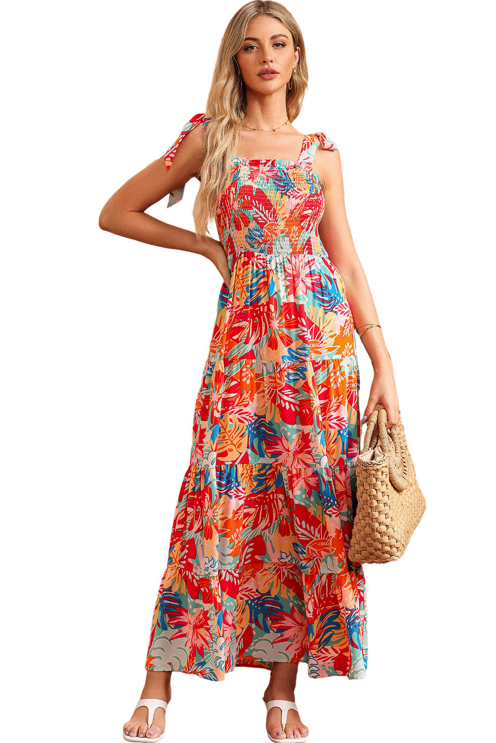 Multicolor Vibrant Tropical Print Smocked Ruffle Tiered Maxi Dress