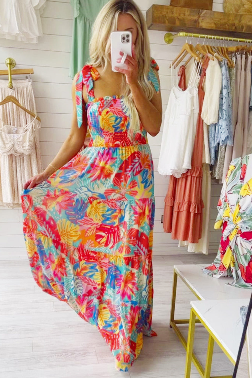 Multicolor Vibrant Tropical Print Smocked Ruffle Tiered Maxi Dress