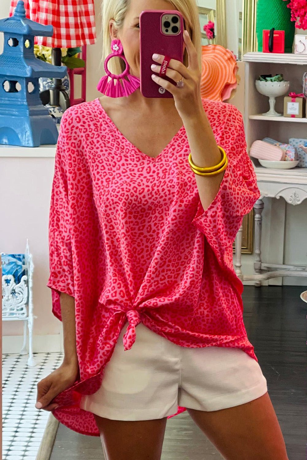 Rose Leopard Print Oversized Half Sleeve V Neck Top