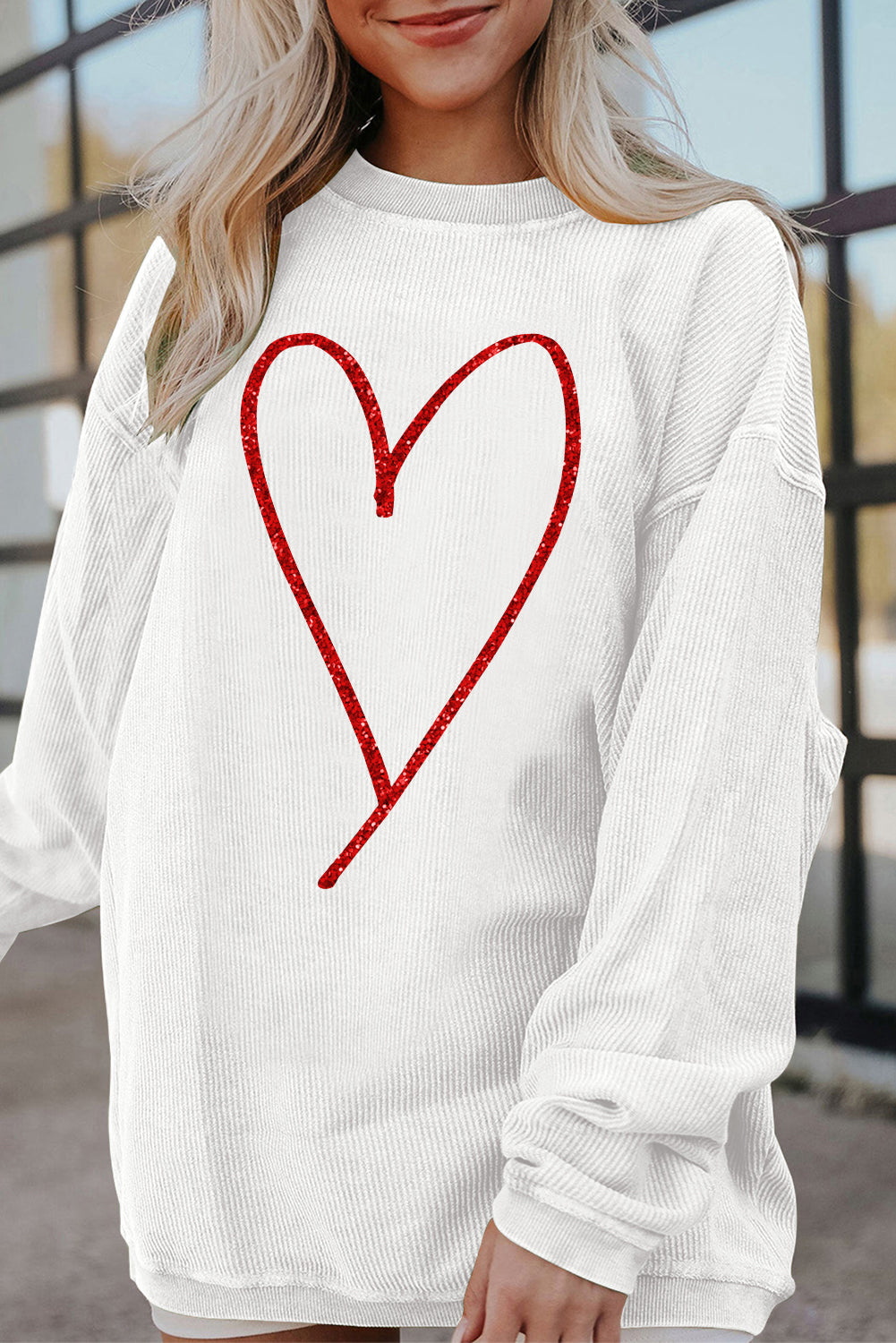 White Glitter Heart Print Corded Graphic Pullover Sweatshirt