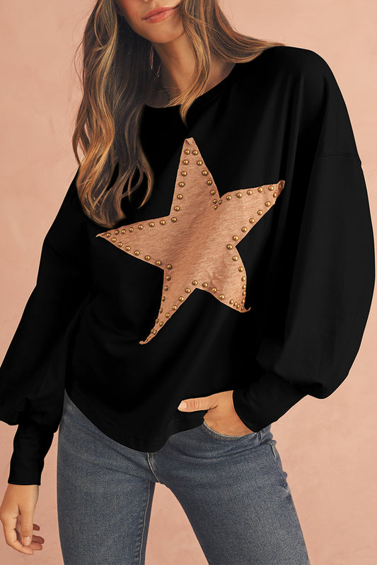 Black Studded Star Graphic Oversized Top