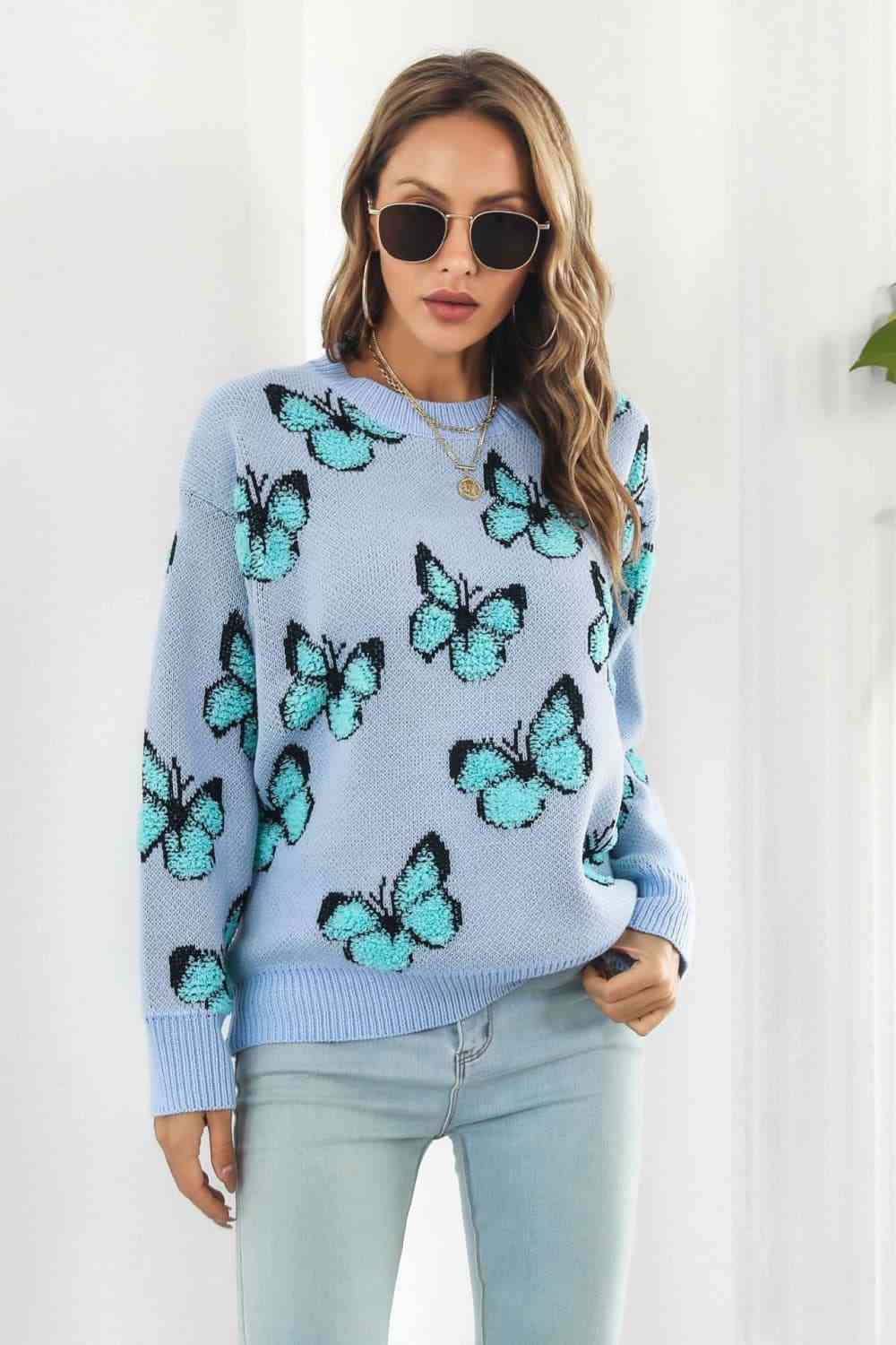 Butterfly Pattern Round Neck Dropped Shoulder Sweater